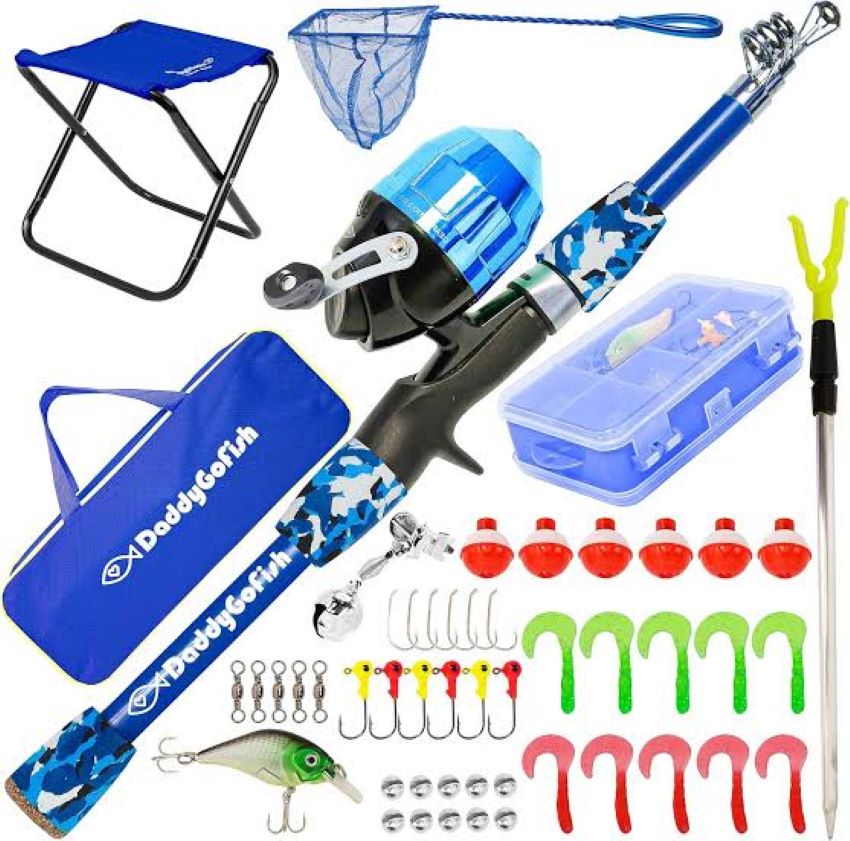 Essential fishing accessories arranged for kids on a fishing trip