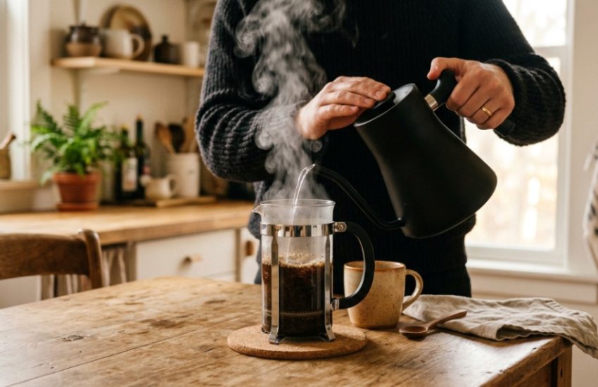 Black electric kettle on a kitchen counter next to a steaming mug.