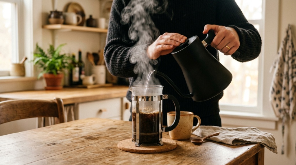 Black electric kettle on a kitchen counter next to a steaming mug.