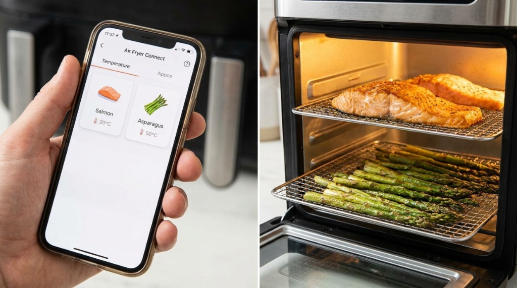 Person using a smartphone app to control a smart air fryer oven.