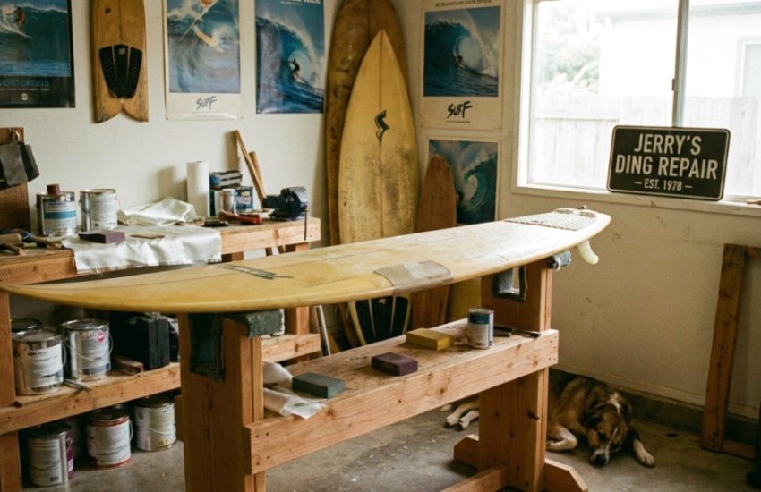 Yellow surfboard resting securely on a foam-padded black metal repair stand.