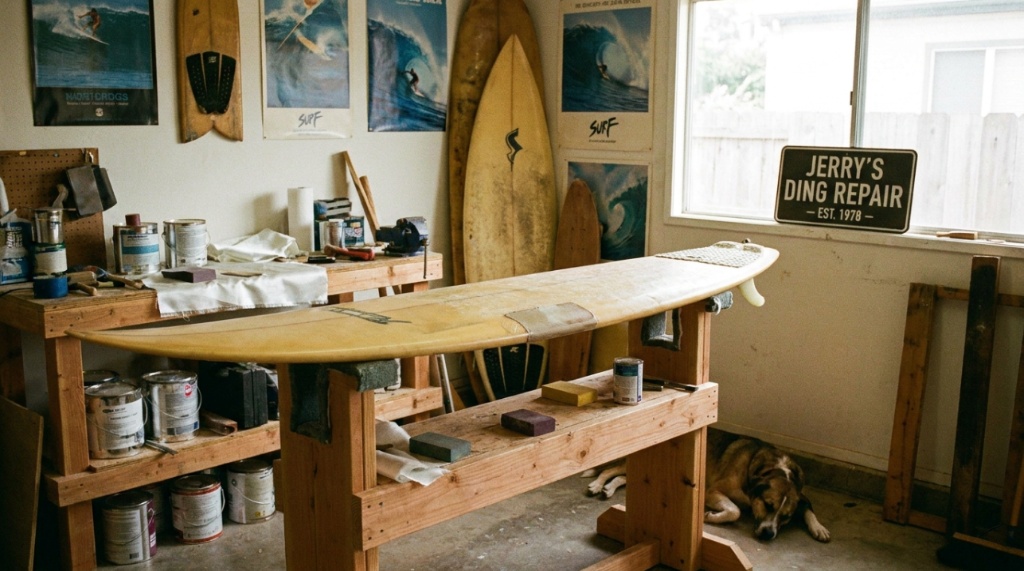 Yellow surfboard resting securely on a foam-padded black metal repair stand.