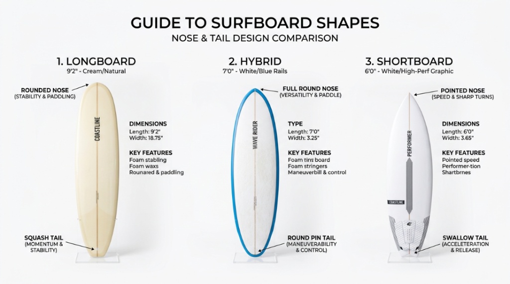 A graphic diagram showing different surfboard shapes and tail designs for specific waves.
