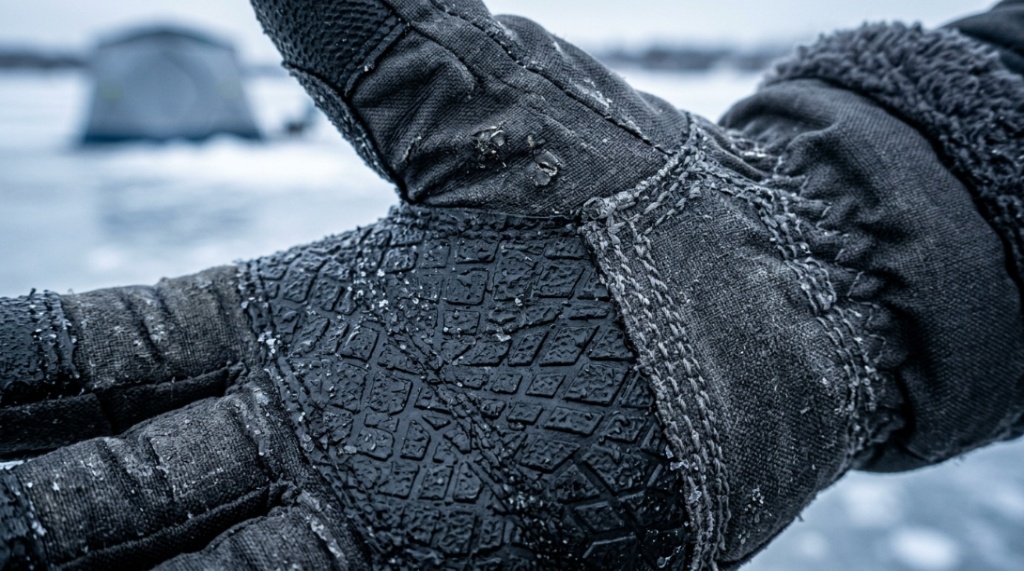 A detailed close-up showing textured waterproof grip and stitching on fishing gloves.