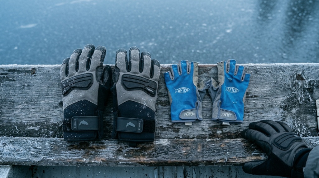 An angler holding a rod while wearing insulated waterproof fishing gloves in winter