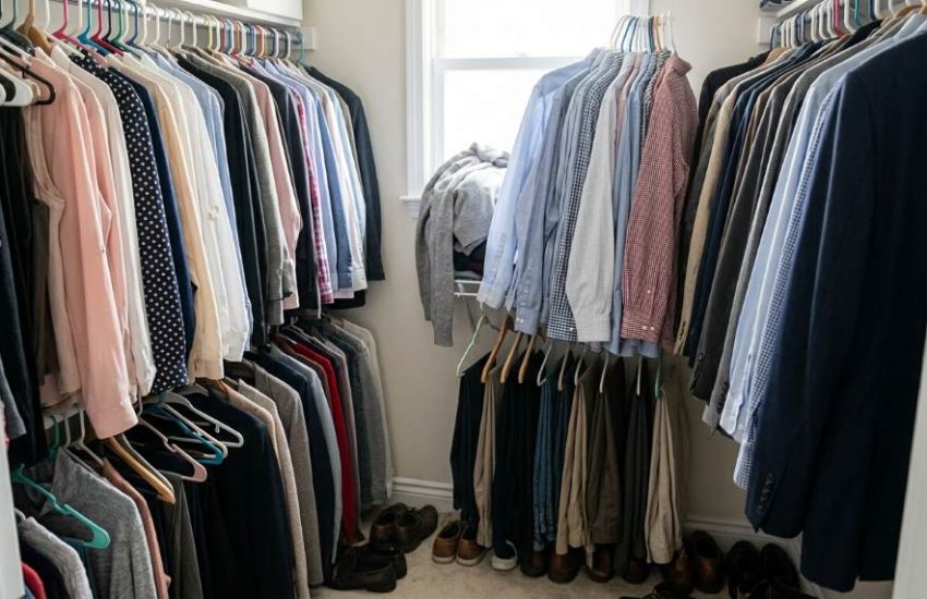 Neatly organized professional work wardrobe with color coded clothing