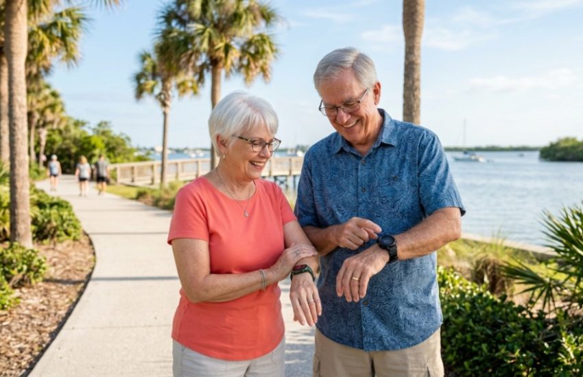 Smiling runner wearing an affordable health smartwatch in a sunny Florida park.
