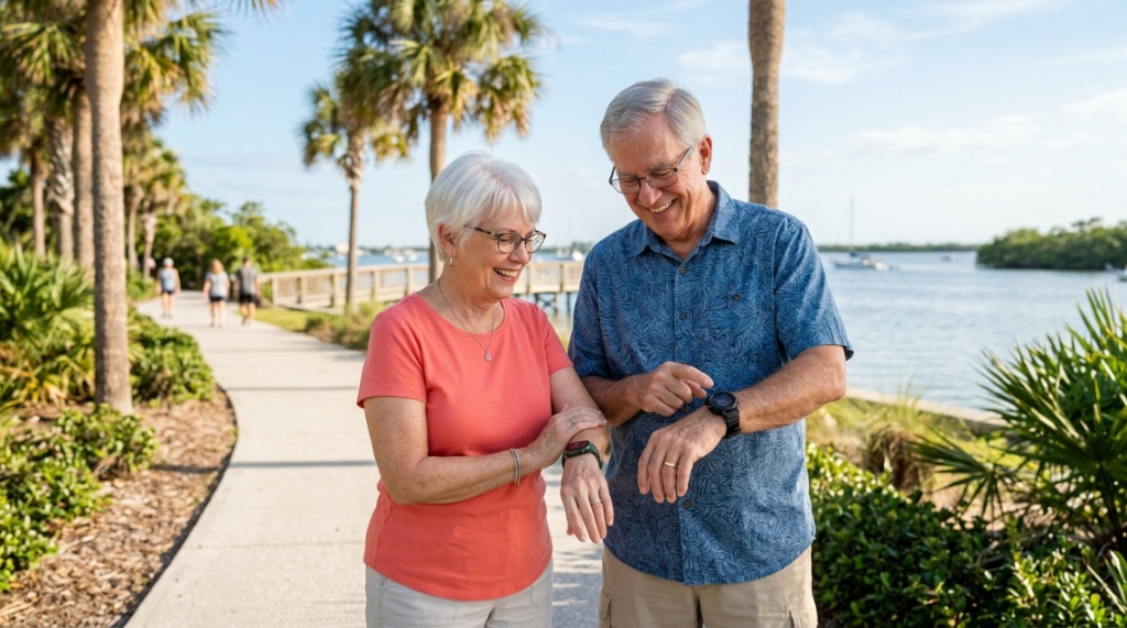 Smiling runner wearing an affordable health smartwatch in a sunny Florida park.