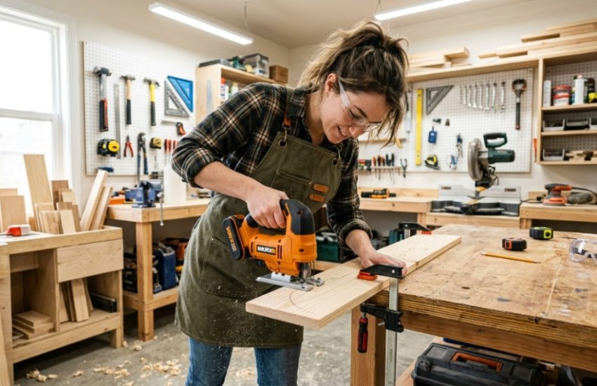 DIYer cutting wood with a budget cordless jigsaw in a workshop