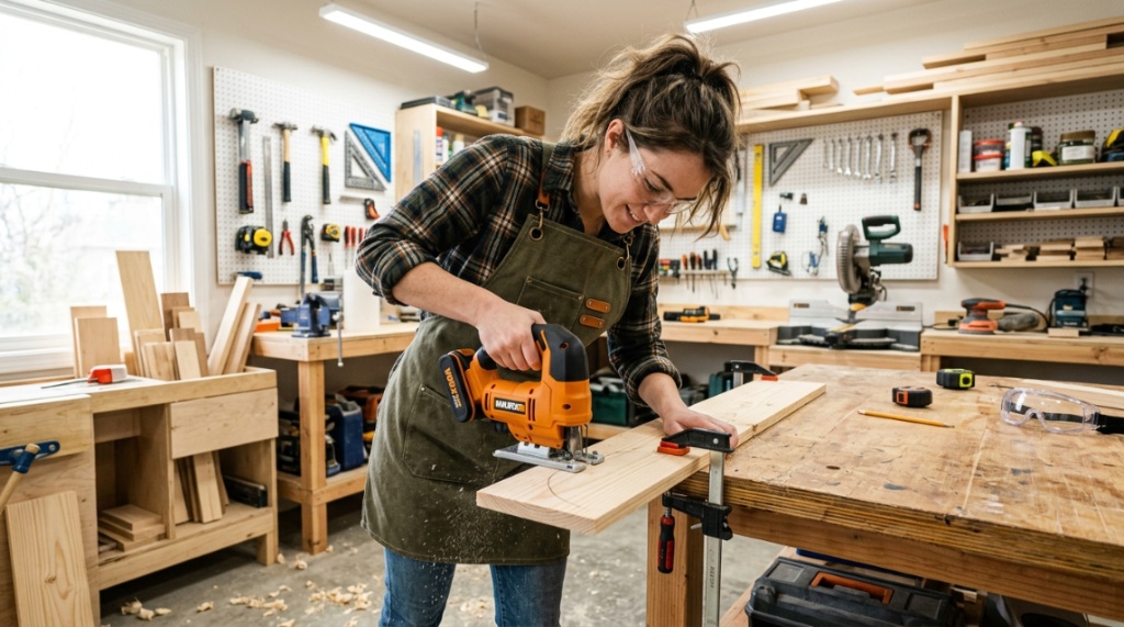 DIYer cutting wood with a budget cordless jigsaw in a workshop