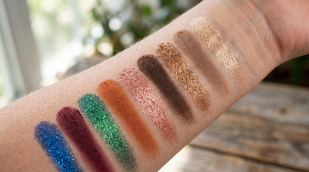 Pigmented eyeshadow swatches displayed on a person's arm under clean lighting.