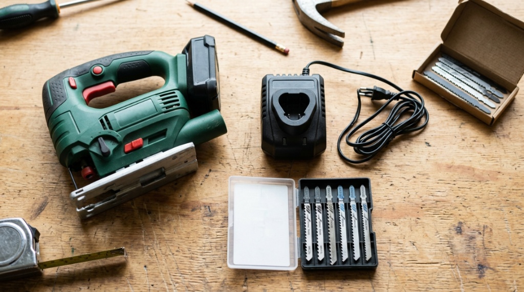 Budget cordless jigsaw tool kit laid out on a workbench.