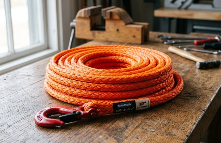 Close-up of strong synthetic Amsteel rope coiled neatly on a workbench.