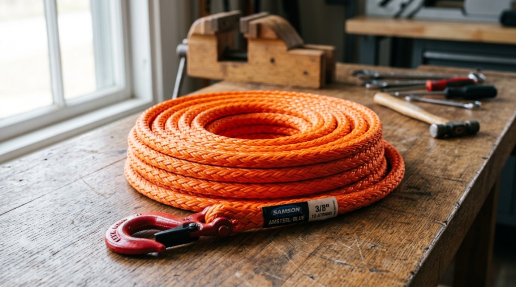 Close-up of strong synthetic Amsteel rope coiled neatly on a workbench.