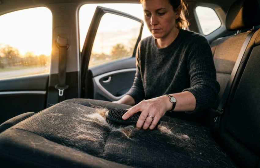 Person using a rubber brush to remove pet hair from a car seat.