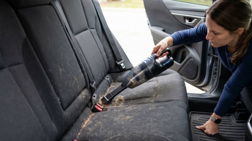 Handheld vacuum cleaning dog hair from a car back seat.