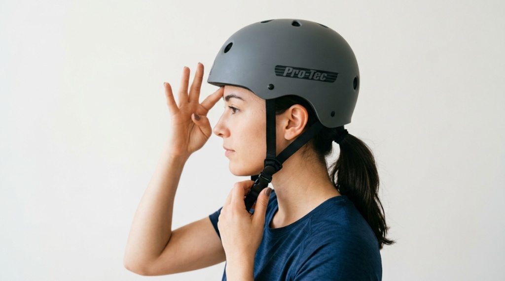 A person adjusting the side straps of a properly fitted skate helmet for optimal protection.