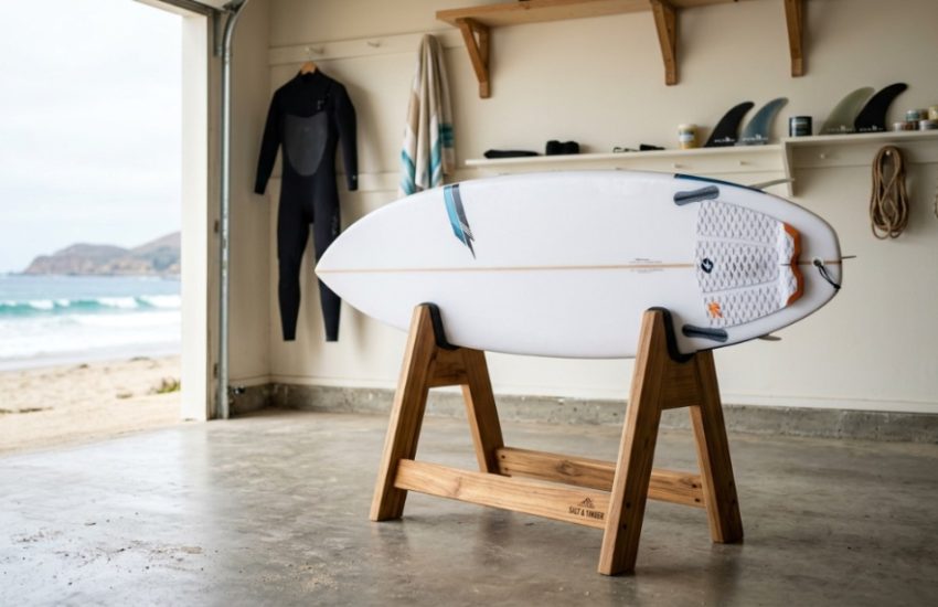 Waterproof wooden surfboard stand holding a shortboard in a garage