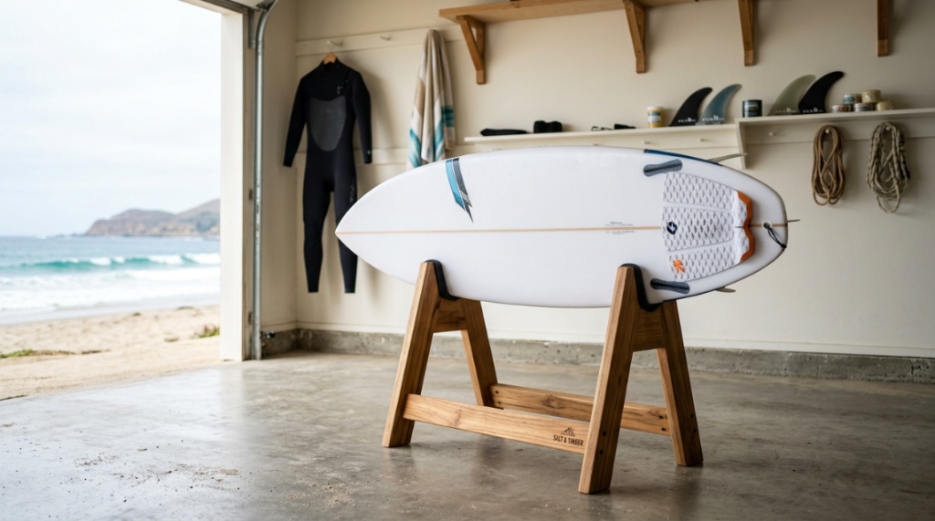 Waterproof wooden surfboard stand holding a shortboard in a garage