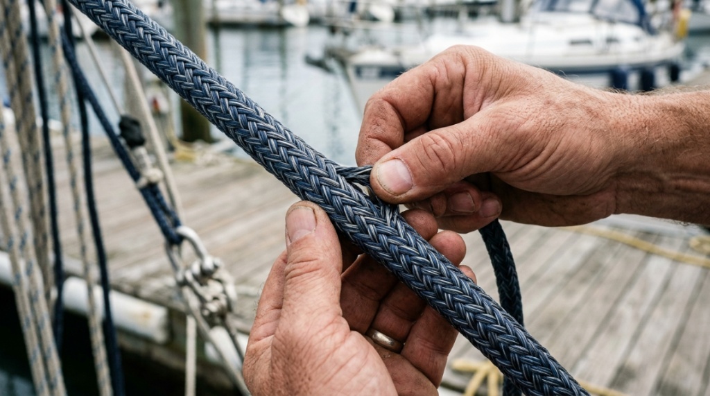 Close-up hands inspecting the braided weave of a strong utility rope.