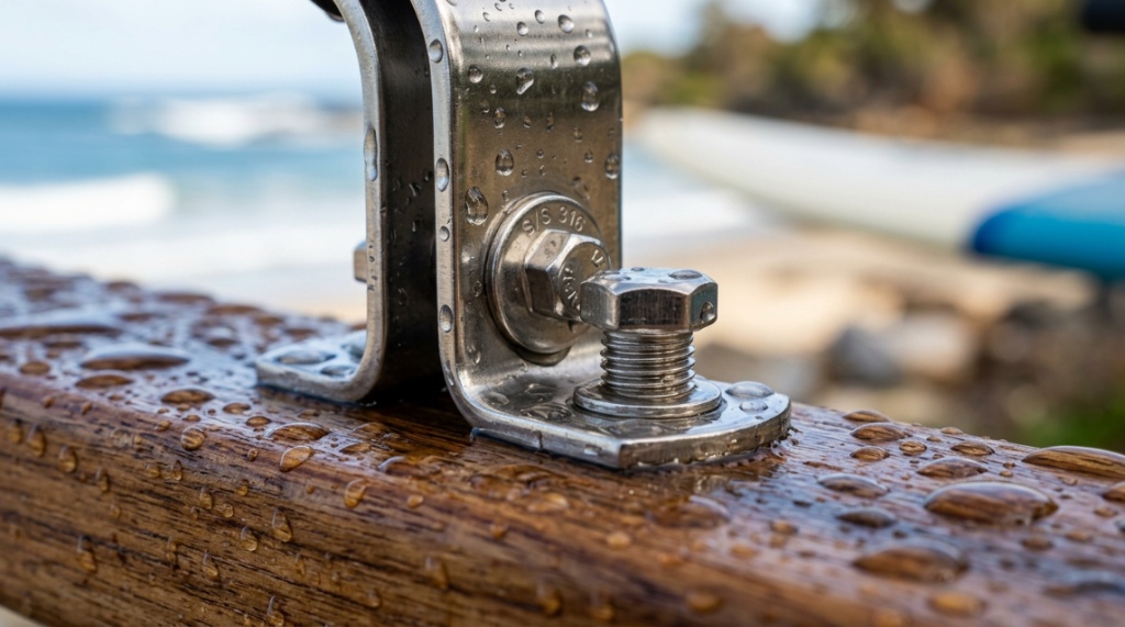 Treated wood and stainless steel hardware on a moisture-resistant surfboard rack