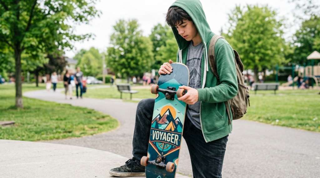 A smiling teen inspecting a new Voyager skateboard before a session.
