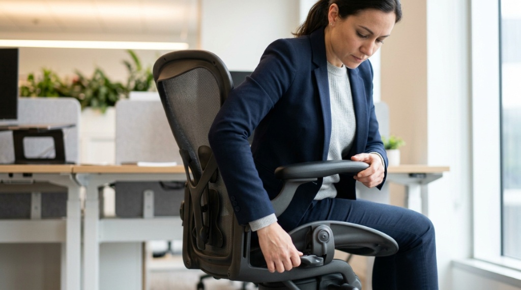 Office worker adjusting the lumbar support on an ergonomic chair.