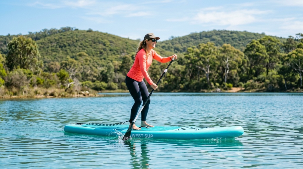 Person paddling an affordable inflatable paddle board on a Western Australia lake.