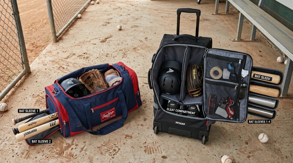 Comparison of a traditional duffel bag next to a wheeled baseball bag.