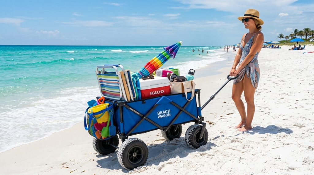 Person pulling a rugged utility wagon across loose coastal sand dunes.