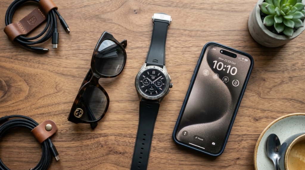 Luxury smartwatch and sunglasses on a modern wooden desk.