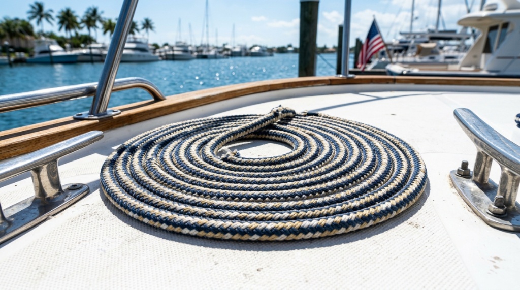 Hands tying a secure cleat hitch with blue marine rope.