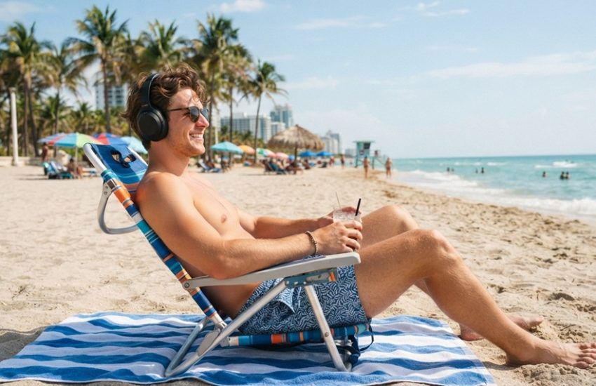 Man sitting on a sunny beach wearing black wireless headphones.