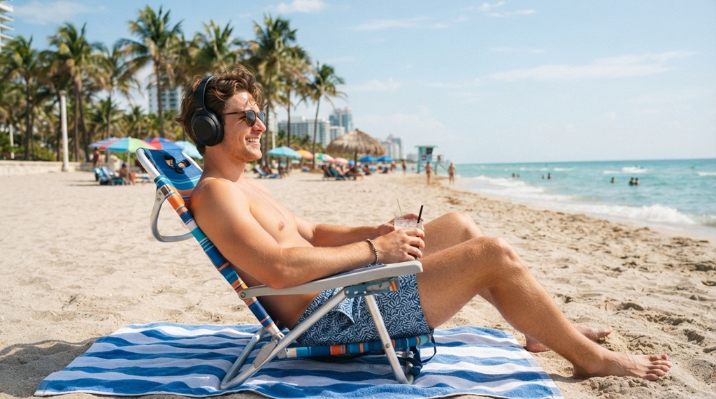 Man sitting on a sunny beach wearing black wireless headphones.