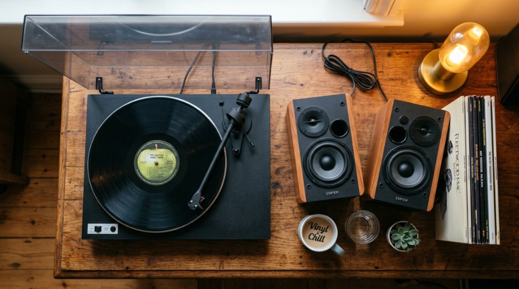 Compact bookshelf speakers and a vinyl turntable on a wooden desk.