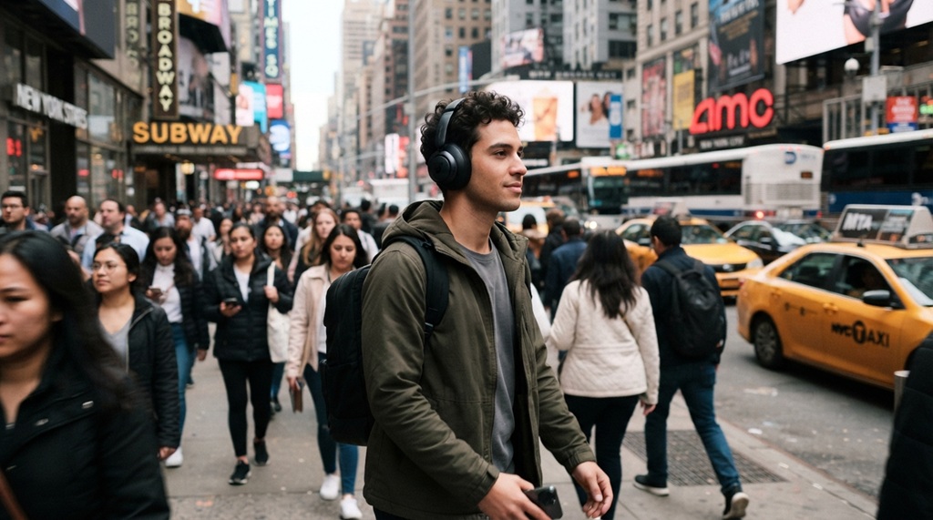 Man walking through New York City wearing wireless budget headphones.