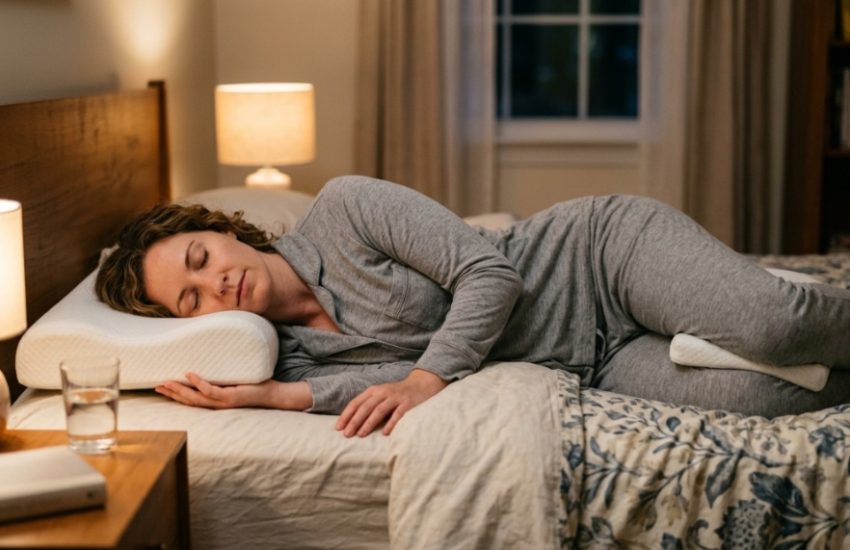 Ergonomic memory foam pillow on a neatly made bed in a bedroom