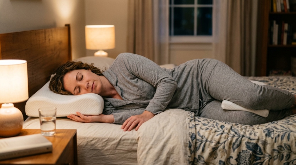Ergonomic memory foam pillow on a neatly made bed in a bedroom