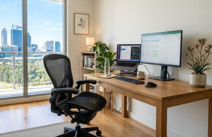 Ergonomic mesh office chair with adjustable lumbar support in a modern office.