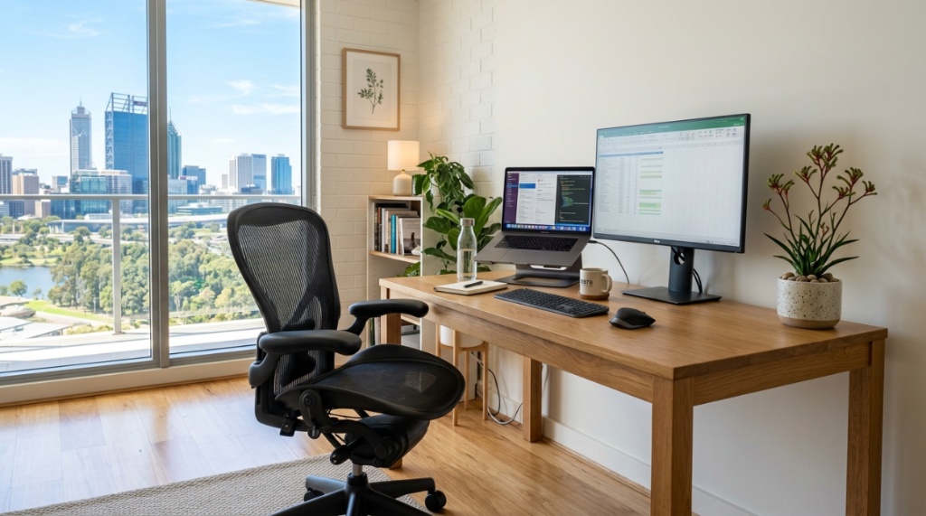 Ergonomic mesh office chair with adjustable lumbar support in a modern office.
