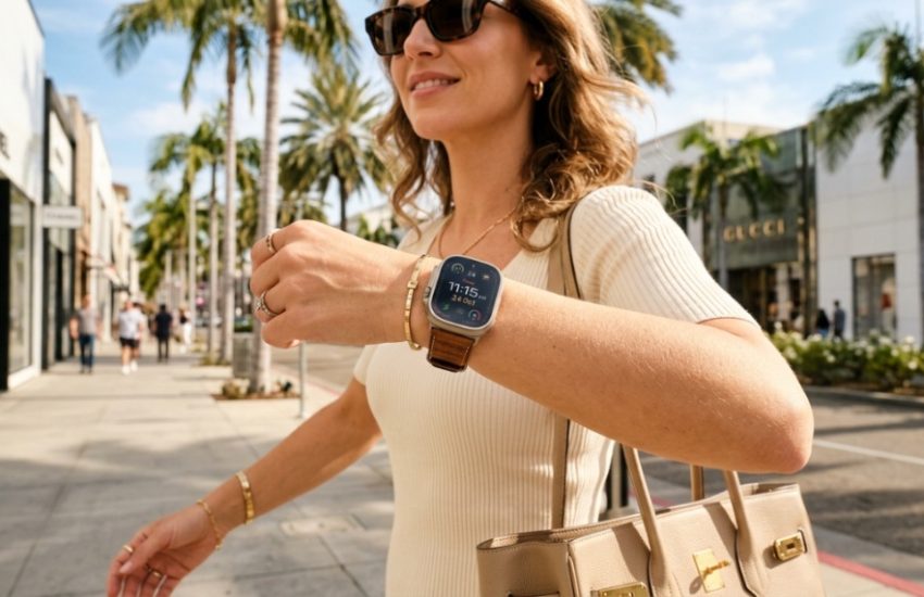 Person wearing a luxury smartwatch on a sunny California street.