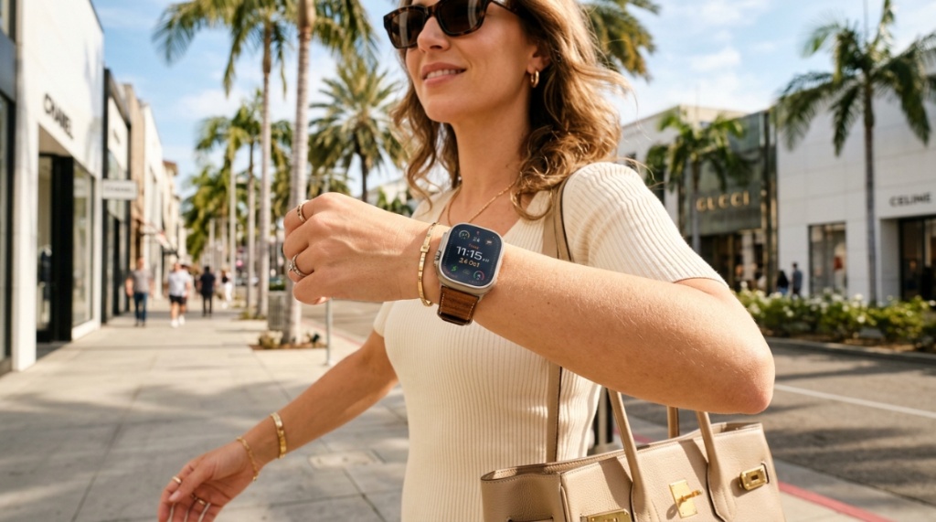 Person wearing a luxury smartwatch on a sunny California street.