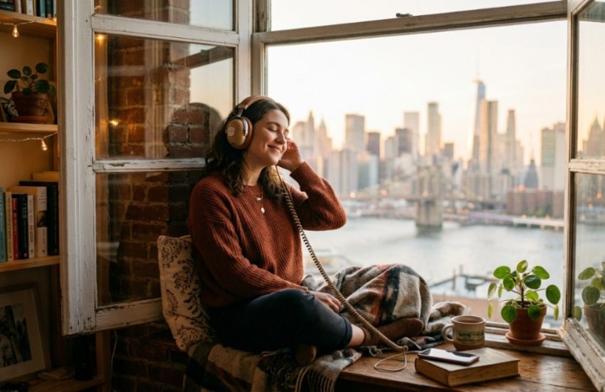 Person wearing vintage headphones near a window overlooking the NYC skyline.