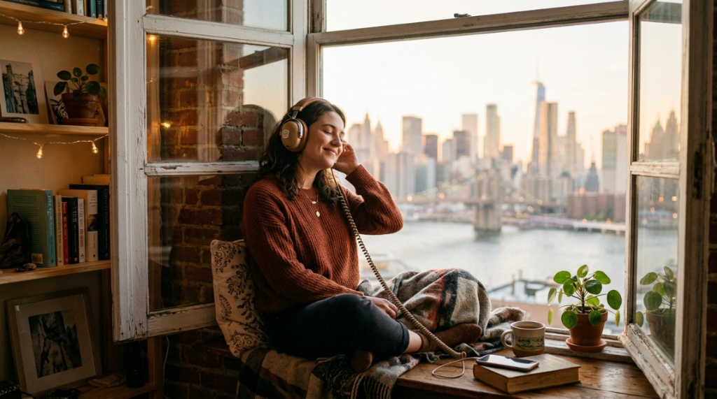 Person wearing vintage headphones near a window overlooking the NYC skyline.