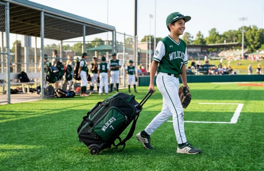 Youth baseball player rolling a heavy wheeled gear bag across turf.