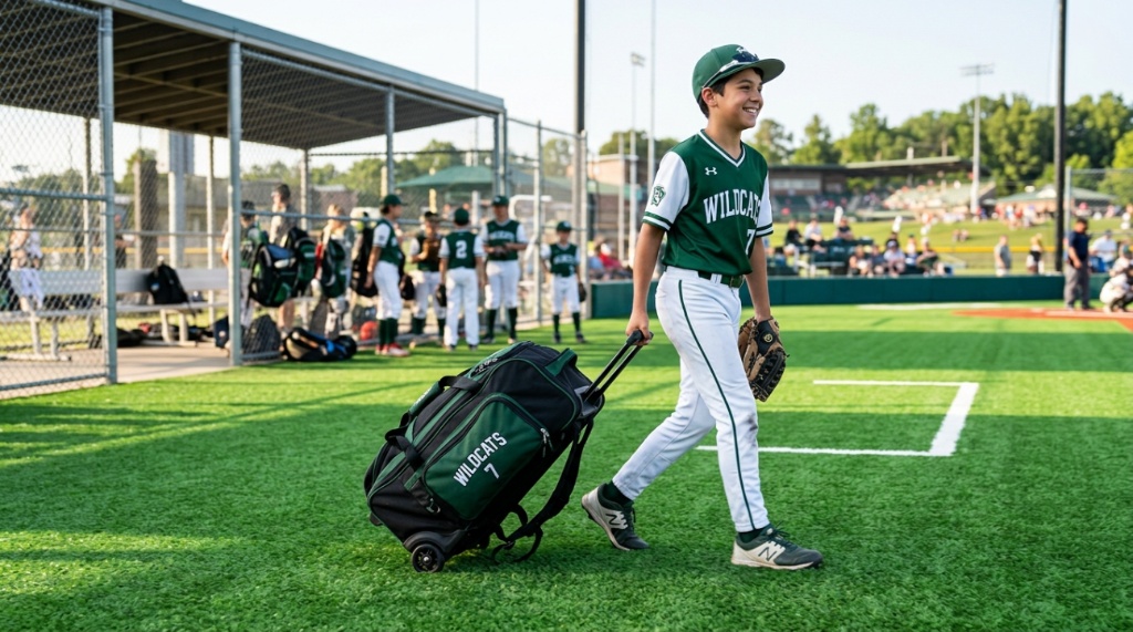 Youth baseball player rolling a heavy wheeled gear bag across turf.