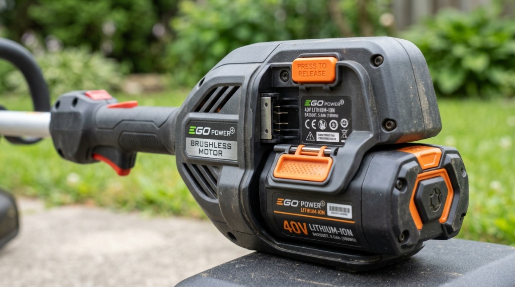 Homeowner using a cordless string trimmer along a dry California lawn edge.
