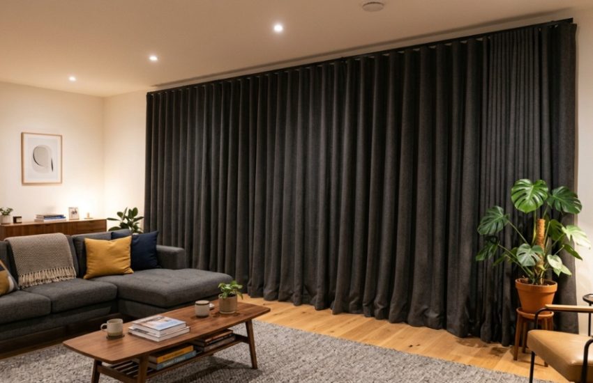 Dark grey blackout curtains covering a wide glass sliding door.