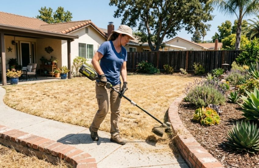 Homeowner using a cordless string trimmer along a dry California lawn edge.