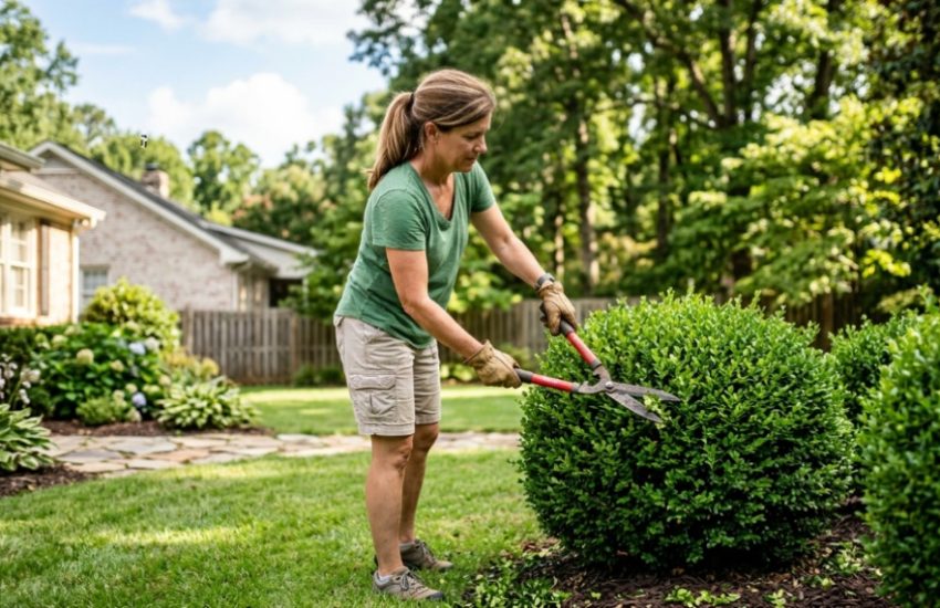 Homeowner trimming green shrub in sunny Georgia backyard.